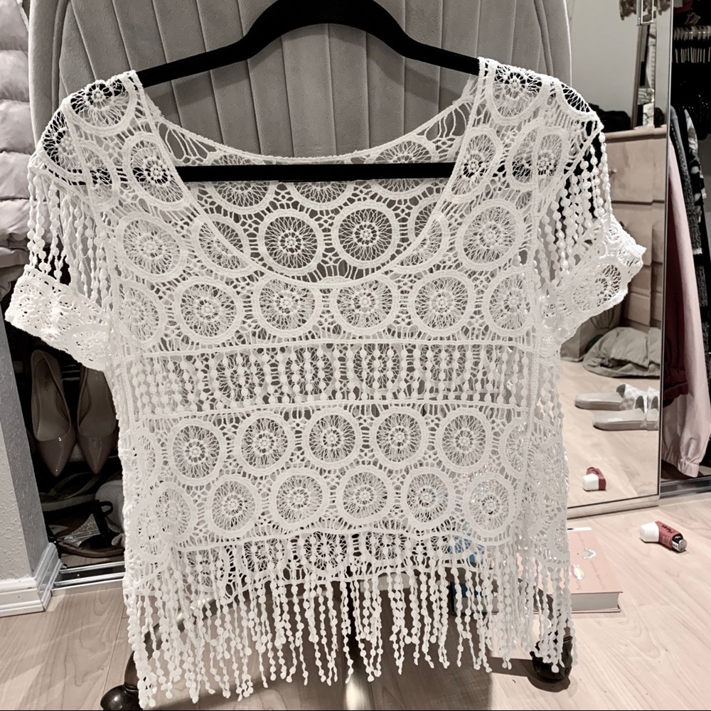 White Lace Fringe Crop Top